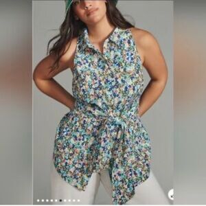 Anthropologie Floral Tie-Waist Blouse - Blue and Green